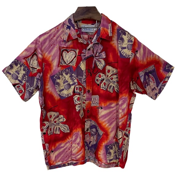 Surf Line Hawaii Other - Vtg Surf Line Hawaii Mens Red Purple Tie Dye Tropical Hawaiian Shirt Cotton L